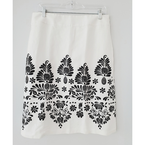 Loft White Black Embroidered Linen Skirt  Size 8 - Picture 6 of 8